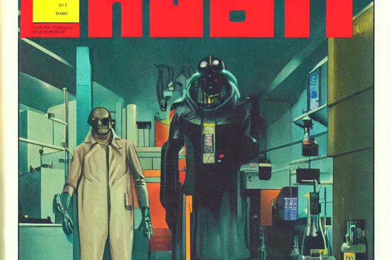 Image similar to 1979 OMNI Magazine Cover depicting a large tall Mr Hyde standing in a laboratory. Cyberpunk Akira style by Vincent Di Fate