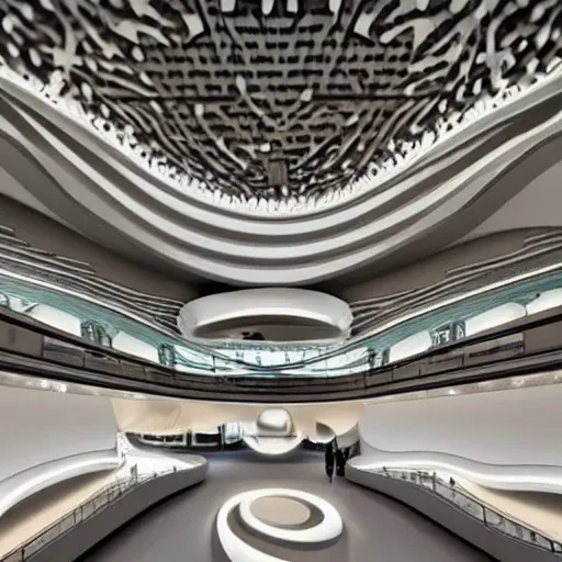 Image similar to extremely detailed ornate stunning beautiful elegant futuristic museum lobby interior by Zaha Hadid