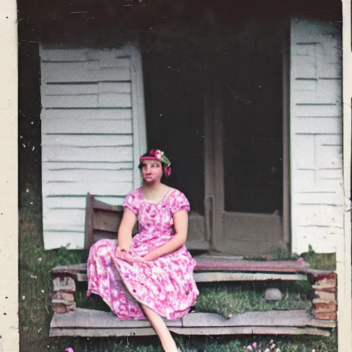 Image similar to 35mm antique film portrait of a sweet young woman in a flowery dress, sitting on the front porch of an old farmhouse, 1930’s, mid-summer evening, cinematic angle