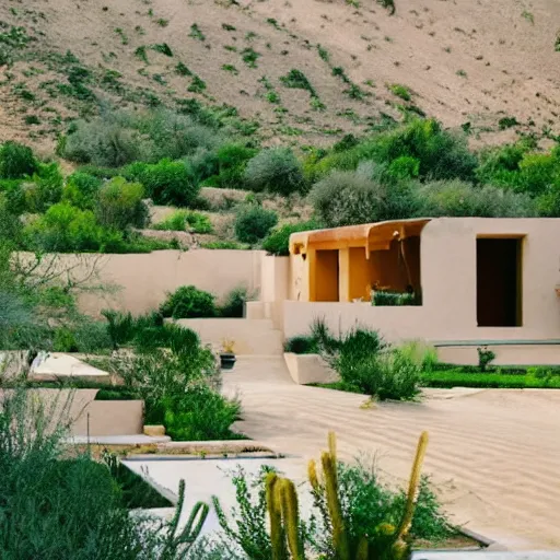 Image similar to a beautiful desert house with flowing green garden around it