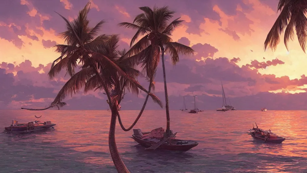 Image similar to sunset on caraibes, some boats, a few birds in the sky, sharp focus, illustration, paisible night lighting, incredible art by artgerm and greg rutkowski and alphonse mucha and simon stalenhag