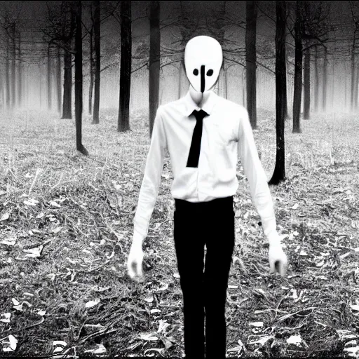 Prompt: : stereopticon photo of slenderman black and white photo