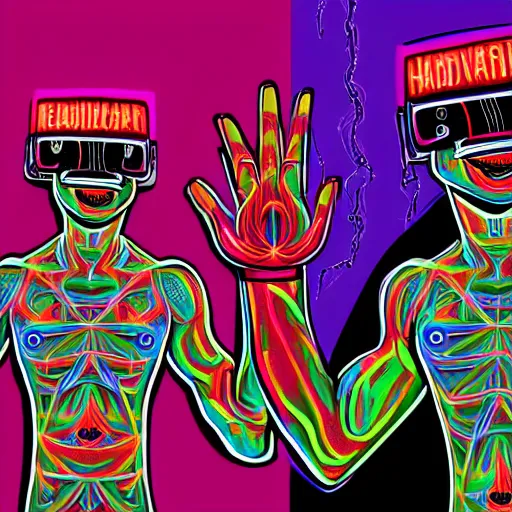 Image similar to wrestlers wearing vr headsets, vr goggles, shrugging, shrugging arms, intricate complexity, inverted neon rainbow drip paint, trending on art station, digital illustration by matthew skiff