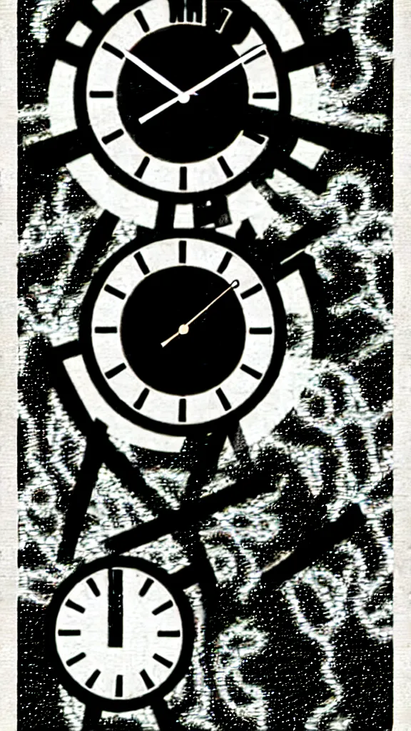 Image similar to a grainy photocopy of an anime style rave graphics poster with y2k brutalist gothic motifs and a photorealistic image of a clock in the style of GUCCIMAZE