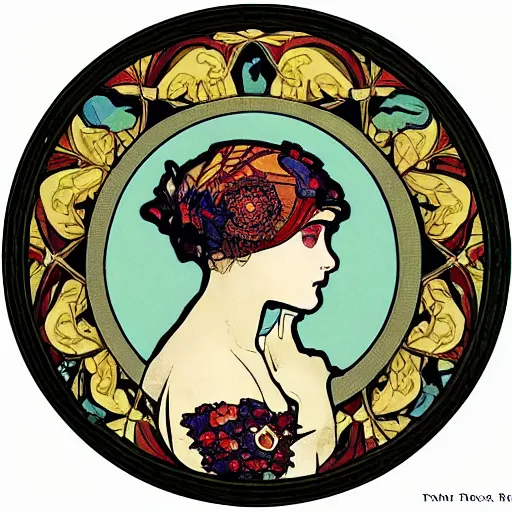 Image similar to skull in the center of a decorative art nouveau round frame, in the style of Mucha,