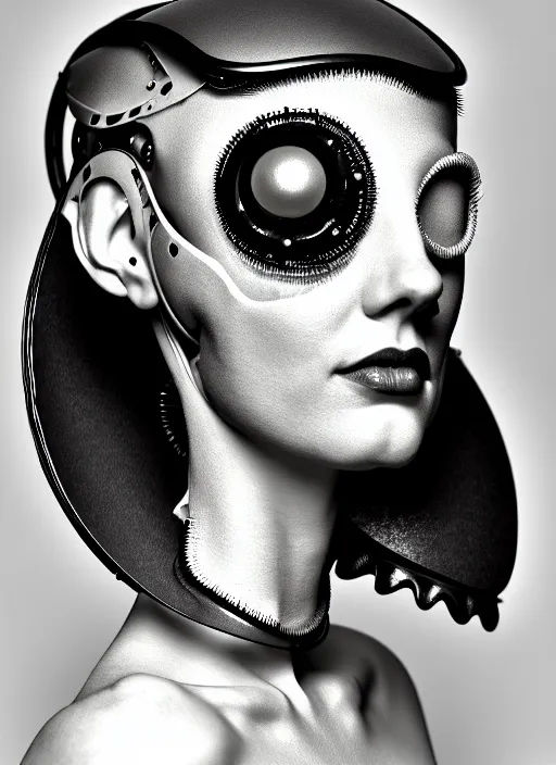 Image similar to black and white dreamy foggy profile face portrait, one steampunk eye biomechanical beautiful young female cyclope - cyborg - robot bust, body ribs meshes,, volumetric light, hibiscus flowers, by hg giger, rim light, by dora maar and cecile beaton, big gothic fashion pearl embroidered collar, 8 k