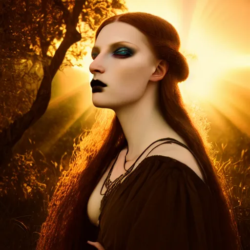 Prompt: photographic portrait of a stunningly beautiful female renaissance germanic goth pagan, in soft dreamy light at sunset, god rays, contemporary fashion shoot, by edward robert hughes, annie leibovitz and steve mccurry, david lazar, jimmy nelsson, breathtaking, 8 k resolution, extremely detailed, establishing shot, artistic, hyperrealistic, perfect face, octane render