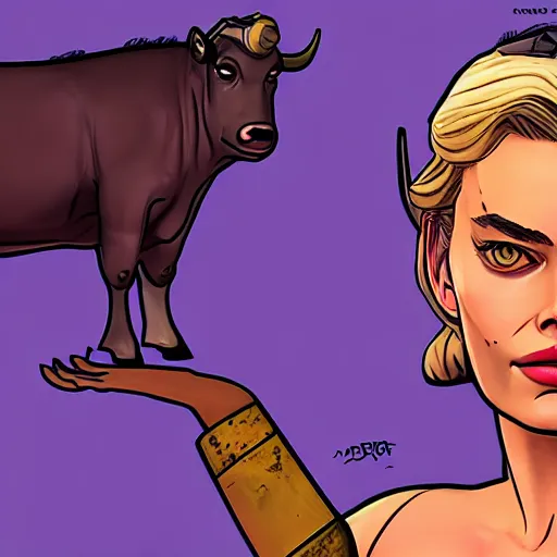 Image similar to margot robbie as a cow with fat udders portrait, borderlands, tales from the borderlands, the wolf among us, comic, cinematic lighting, studio quality, 4 k