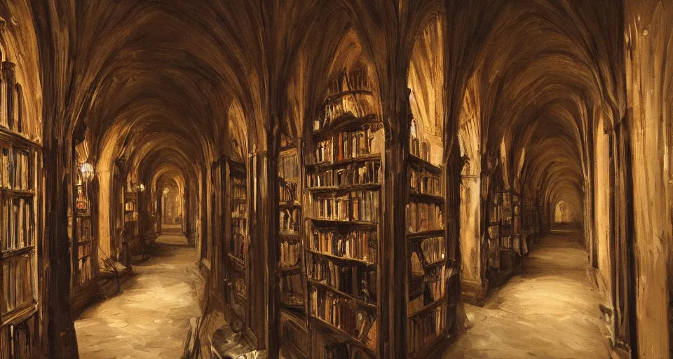 Image similar to Stefan Koidl's painting of a deep dark creepy gothic victorian corridor with bookshelves everywhere and two candles. 4k, artstation.