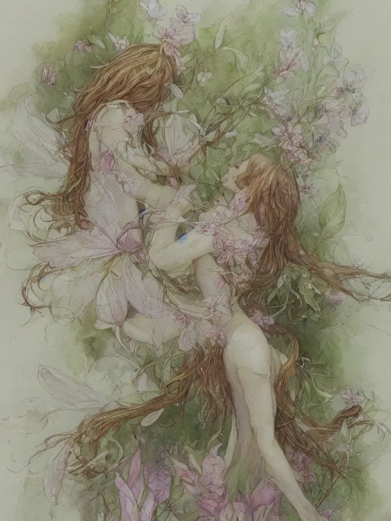 Image similar to study of a flower fairy, illustration, watercolor, alan lee, detailed, pretty, ethereal, realistic, artstation,