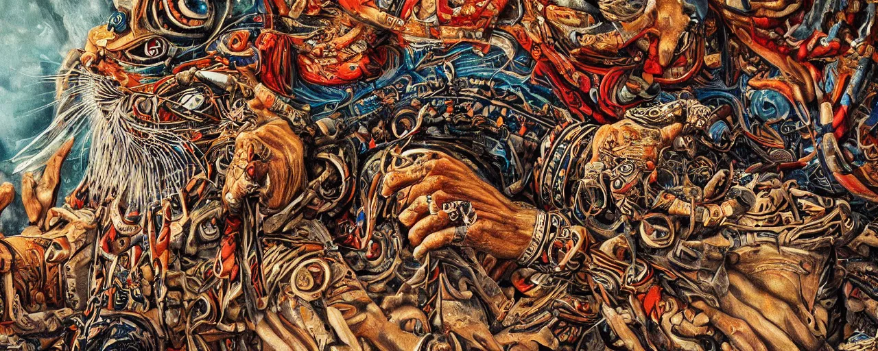 Image similar to an intricated and detailed painting of a shaman turning into a jaguar 8 k, render