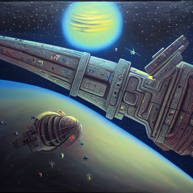 Image similar to an oil on canvas painting of a spaceship, polycount, surrealism, surrealist, cosmic horror, high detail