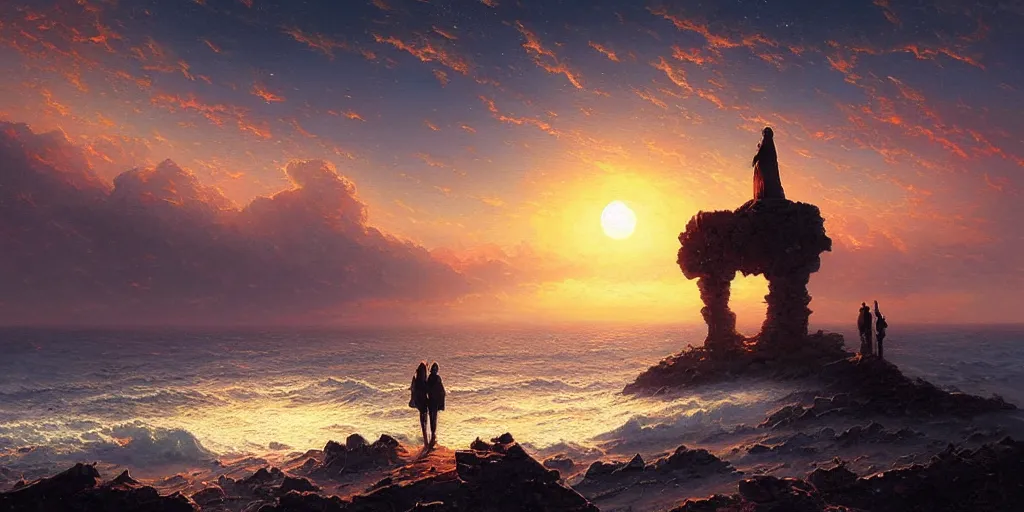 Prompt: stand at the end of the earth and observe the universe, sunset, by greg rutkowski and thomas kinkade