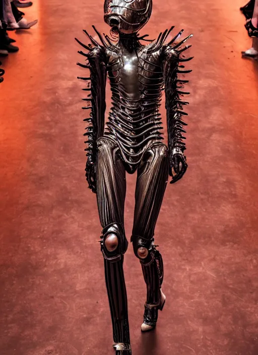 Image similar to walking down the catwalk, stage, vogue photo, podium, fashion show photo, iris van herpen baroque dress, beautiful woman, perfect body, full body shot, helmet on face, inflateble shapes, masterpiece, guyver, giger, biomechanical details, denis villeneuve, movie still, fauvism, cinestill, bokeh, artstation