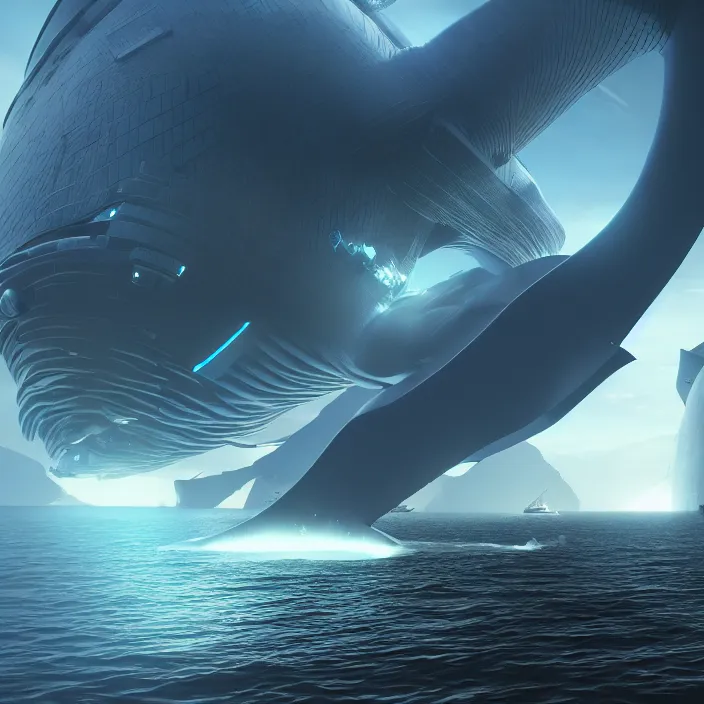 Prompt: Cyber ​​Fortress on the Back of a Giant Whale, hard sci-fi,global illumination, physically based rendering, photoreal, small details, intricate, science fiction fantasy