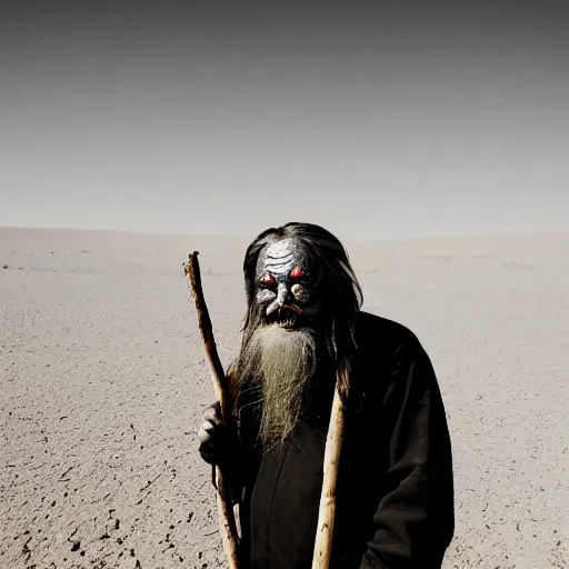 Image similar to full body shot of hanging old asian man with long beard, his head covered in roots, full face occult silver mask, bright multiple glowing eyes, holding a large carved wooden dark fractal stick, hanging upside down, thick smoke around him, in the burning soil desert, cinematic shot, wide angle, dark desert background, volumetric lighting by Denis Villeneuve, Lubezki, Gaspar Noe, Christopher Doyle and Alejandro Jodorowsky, anamorphic lens, anamorphic lens flares, kodakchrome, cinematic composition, practical effects, award winning photo, 8k