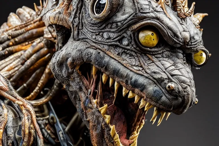 Image similar to photo taken of an epic intricate, ultra detailed, super realistic gritty, hero prop, exquisitely weathered animatronic movie prop of a lifelike sculpture of a nightmarish creature displayed in the workshop, created by weta workshop, full body shot, photorealistic, sharp focus