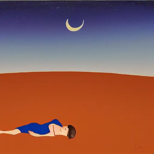 Prompt: a figurative and surreal minimal painting of a woman lying on the ground in the desert, staring up at the moon at dusk