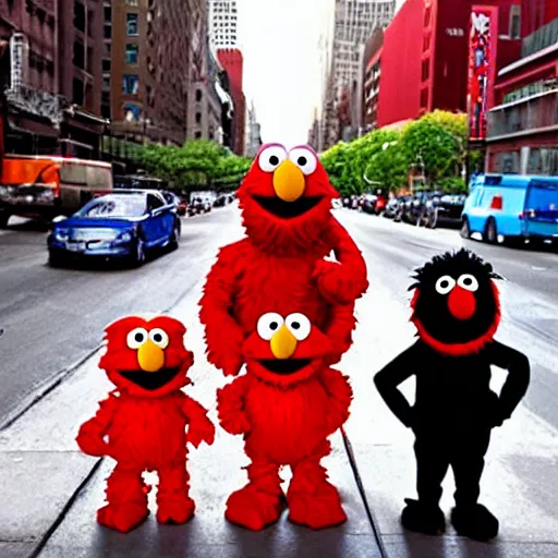 Prompt: Elmo and the sesame street gang on the streets of NYC, rap album art cover, artstation, trending