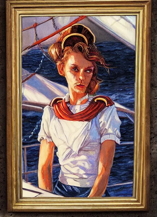 Image similar to portrait of sailor on ship deck, beautiful! coherent! by brom, deep color, strong line, high contrast