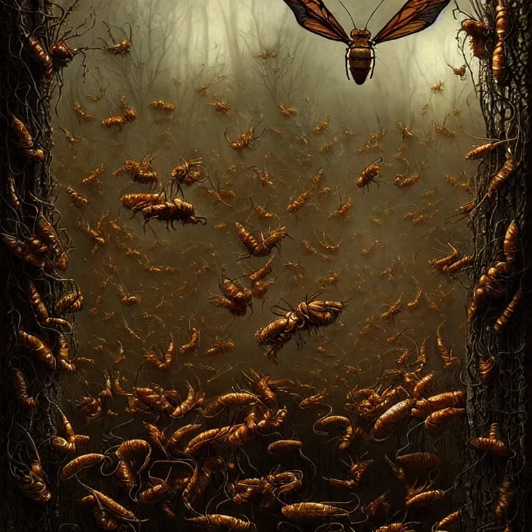 Image similar to epic professional digital art of startling hungry insects, faint golden moody atmospheric lighting, painted, intricate, detailed, detailed, foreboding, by leesha hannigan, wayne haag, reyna rochin, ignacio fernandez rios, mark ryden, iris van herpen,, epic, stunning, gorgeous, much wow, cinematic, masterpiece.