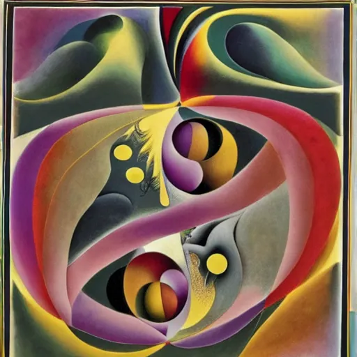 Prompt: a lost work of genius, a beautiful composition of incredibly profound symbolic art expressing the form of the formless, wondrous, benign and numinous, looking at it lightens the soul by M. C. Escher and by Hilma af Klint and by Wassily Kandinsky and by Henri Rousseau and by Cruella de Vil