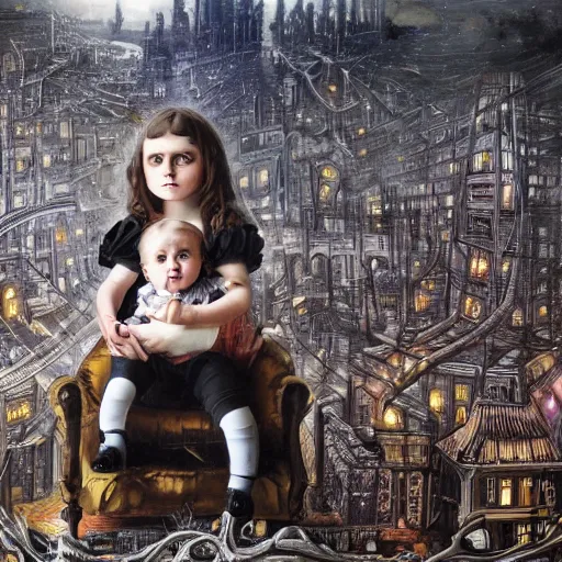 Image similar to a photo of young sad victorian gothic child with big eyes and wide grin sitting on a sofa of bones surrounded by a cyber futuristic cityscape made of human body parts by dan mumford, ultra detailed, 8 k resolution, beautiful lighting, expansive detailed layered city, landscape, 5 0 mm, perfect faces