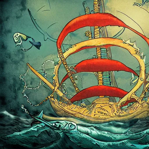 Prompt: a ghost pirate sailing in an ocean full of squid, Digital art
