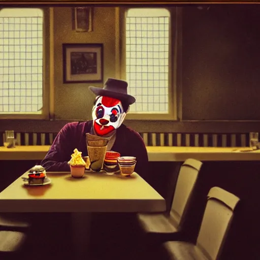 Image similar to Clown sitting in an empty diner at night, digital art, award-winning art, matte painting, horror, scary, eerie, ominous, unnerving, 8k