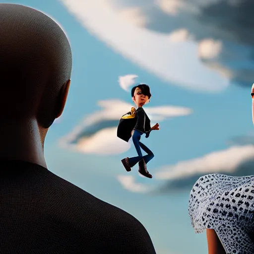 Prompt: stunning, coherent, impressive, detailed still of super black a family flying in clouds, follow shot, 3d, in the style of pixar, comic book style, 3d, highly detailed, sharp focus, bokeh, depth of field, 16k resolution, Unreal Engine 5, coherent, cinematic lighting, photorealistic, by Zhang Jingna