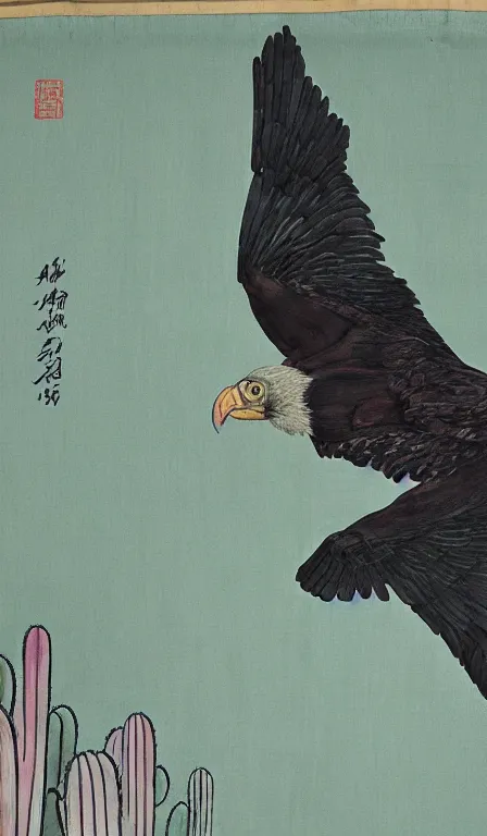 Prompt: Shen Quan's 'turkey vulture on cactus', hanging scroll, ink and colours on silk