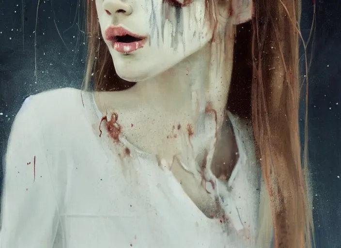 Image similar to close up picture of a white dress girl chasing from grim reaper, holding a little knife, hard breathing, messy hair, messy lines, scared face, beautiful and aesthetic and attractive and detailed face, dramatic situation, specular reflection, occlusion shadow, intricate, bokeh, masterpiece, by ilya kuvshinov and jeremy lipking and quentin mabille