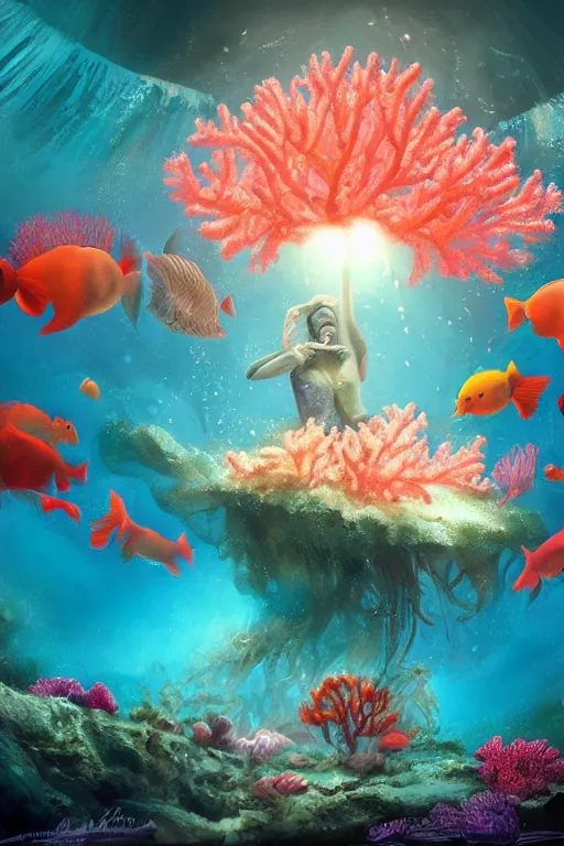 Prompt: beautiful digital matter cinematic painting of whimsical underwater under seascape coral beautiful whimsical scene by greg rutkowki artstation