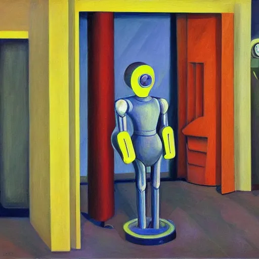 Image similar to people in robot suits, pj crook, edward hopper, oil on canvas