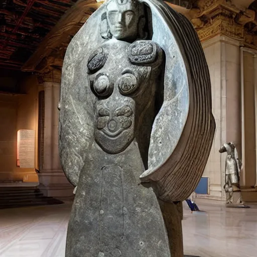 Prompt: futuristic ancient astronaut arrived through a portal, ancient statue in museum