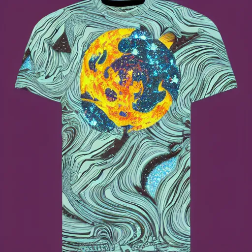 Prompt: photo of a t - shirt with a cool galactic print on the chest in the style of maximalism, product photo