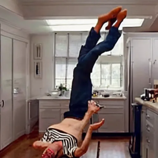 Image similar to jeff goldblum bouncing upside down in his kitchen