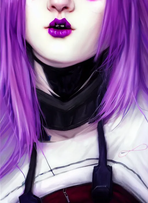 Image similar to portrait of white teenage girl, normal face, white bangs, mall goth, cyberlox, black and white hair, bangs, fluffy bangs, red contact lenses, purple lipstick, intricate, elegant, highly detailed, digital painting, artstation, concept art, sharp focus, smooth, illustration, art by wlop, mars ravelo and greg rutkowski