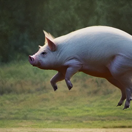 Prompt: national geographic photograph of a flying pig, it has wings, daylight, outdoors