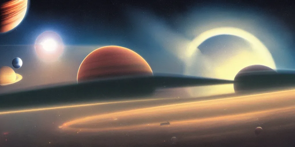 Image similar to blue dreamy cloudscape with a single planet in the clouds, ringed planet, daylight, cinematic lighting, cinematic perspective, syd mead, john harris, federico pelat,