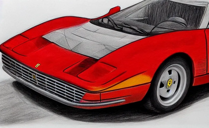 Image similar to a drawing of a red Ferrari Testarossa with wheels and rims, an airbrush painting by Ed Roth, trending on cgsociety, modern european ink painting, matte drawing, airbrush art, detailed painting, 8k