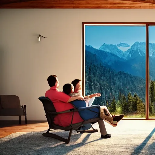 Prompt: a family sitting in a chair looking at the mountains, clear sky, cinematic lighting, beatiful house, river, 4k, HD