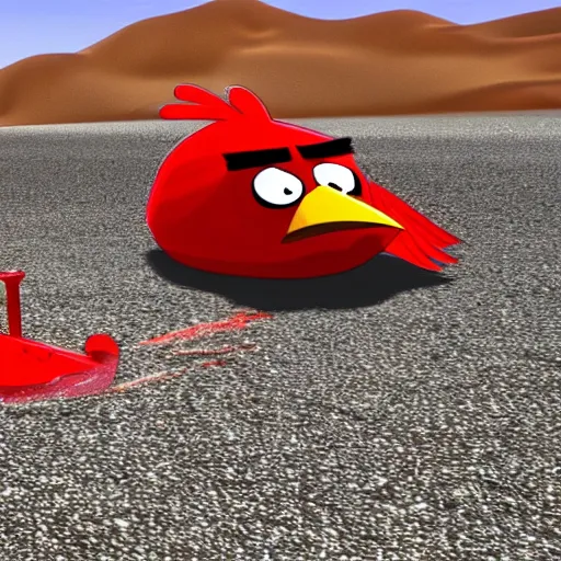 Prompt: the red bird from angry birds driving a ferrari in the desert