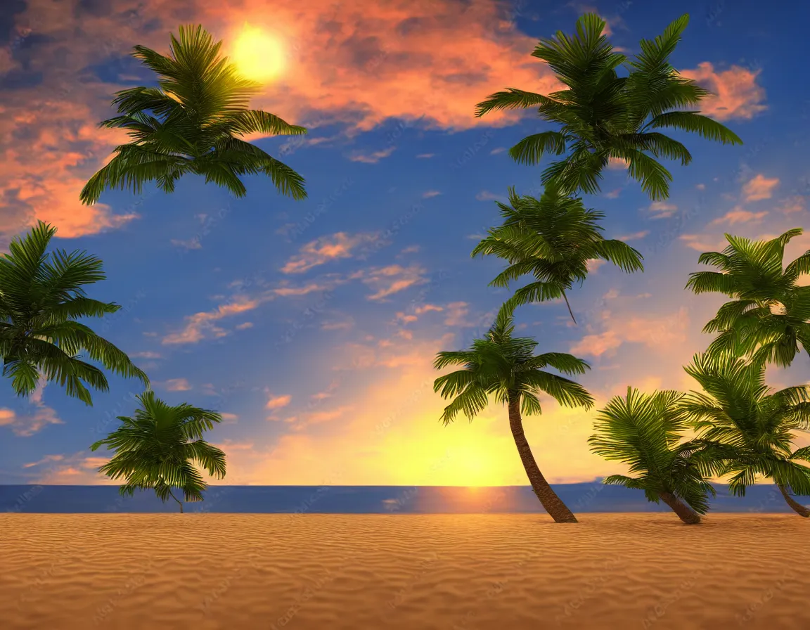 Image similar to 3 d rendering o photorealistic flying sandy beach flat planet with one exotic palm tree, sunset lighting