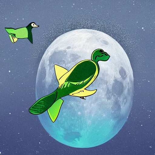 Image similar to flounder and mallard in love on the moon realistic photo