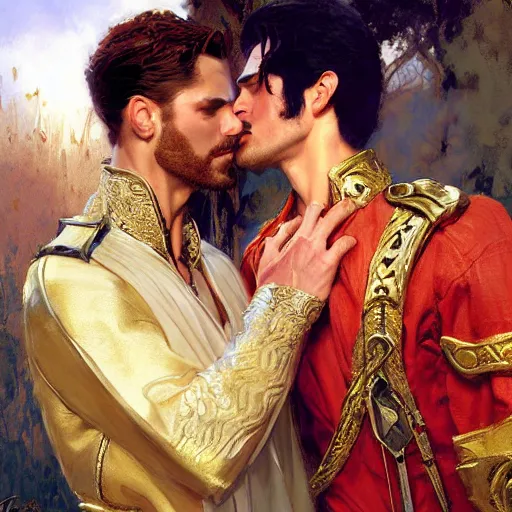 Prompt: attractive fully clothed king confesses his love for his attractive fully clothed male prince. highly detailed painting by craig mullins, gaston bussiere, mark brooks, j. c. leyendecker