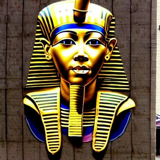 Prompt: a graffiti portrait of king tutankhamen, street art, highly detailed by banksy