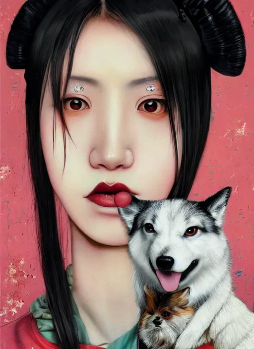 Prompt: beautiful portrait painting of an attractive young japanese lofi cyberpunk princess and her corgi, by Afarin Sajedi, Alessandro Barbucci, Alex Gross, Shin Jeongho, Shohei Otomo. trending on Artstation, 8k, masterpiece, face enhance, graffiti paint, fine detail, full of color, intricate detail, golden ratio illustration