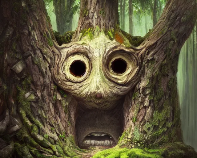 Image similar to a talking tree, a face in the bark, big eyes, fantasy concept art, oil painting, hyperrealistic, highly detailed, artstation, cgsociety, in the forest