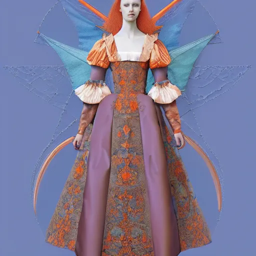 Prompt: a show design by leonardo davinci design by balenciaga ,satan ,silk blue and orange,pastel colours ,white background , hyper realistic, highly detailed, fashion design, baroque, matte painting, concept art, hdri, 4k